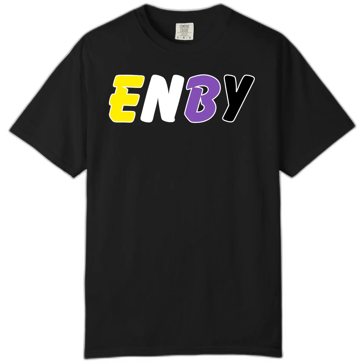 Colorful enjoy-three-seven-pride design with bold yellow, white, purple, and black letters on gray background in Black