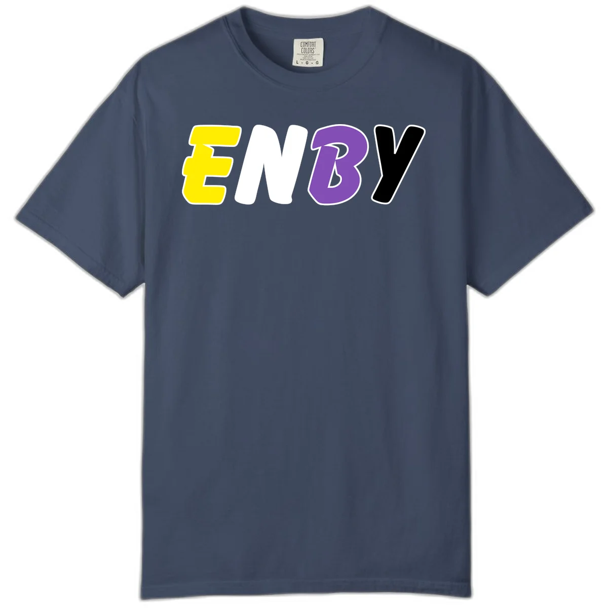 Colorful enjoy-three-seven-pride design with bold yellow, white, purple, and black letters on gray background in Midnight