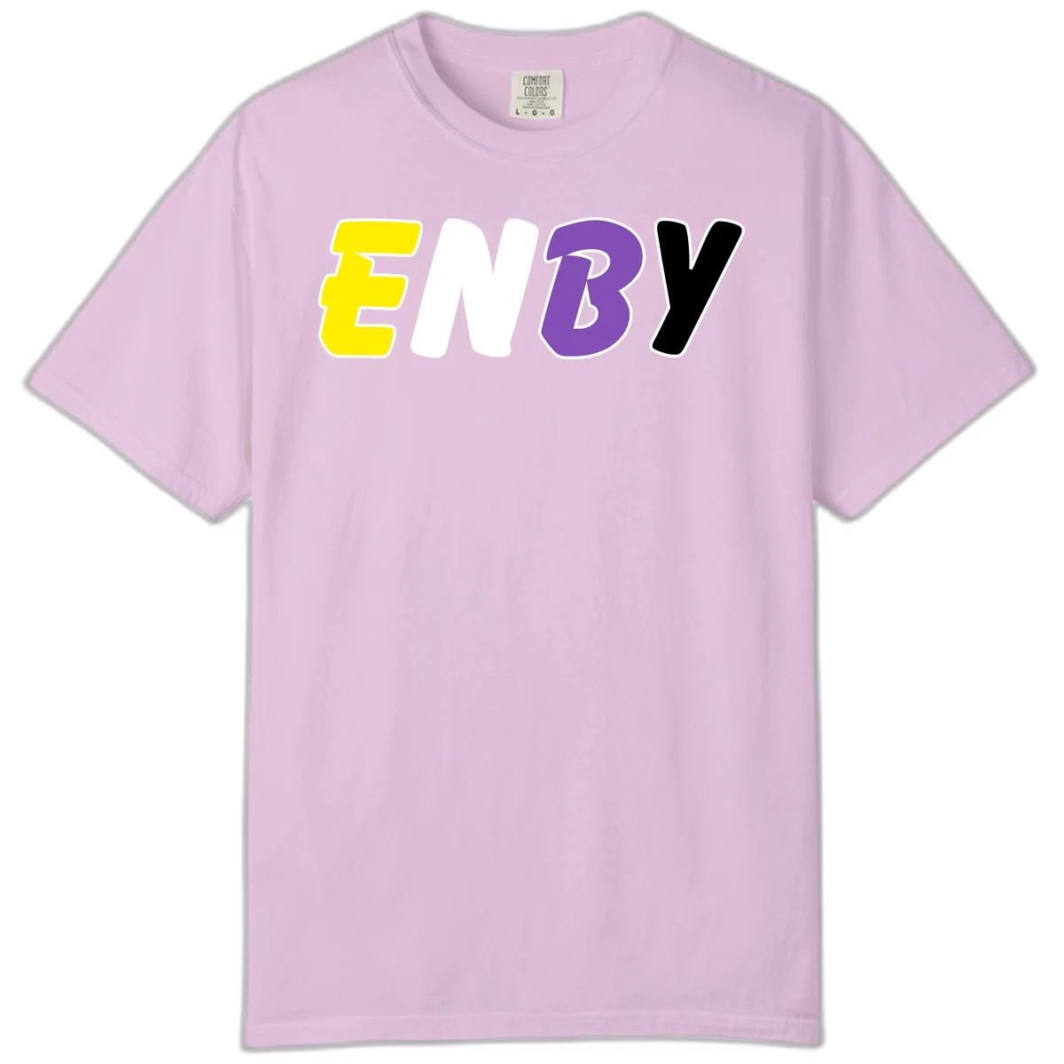 Colorful enjoy-three-seven-pride design with bold yellow, white, purple, and black letters on gray background in Orchid