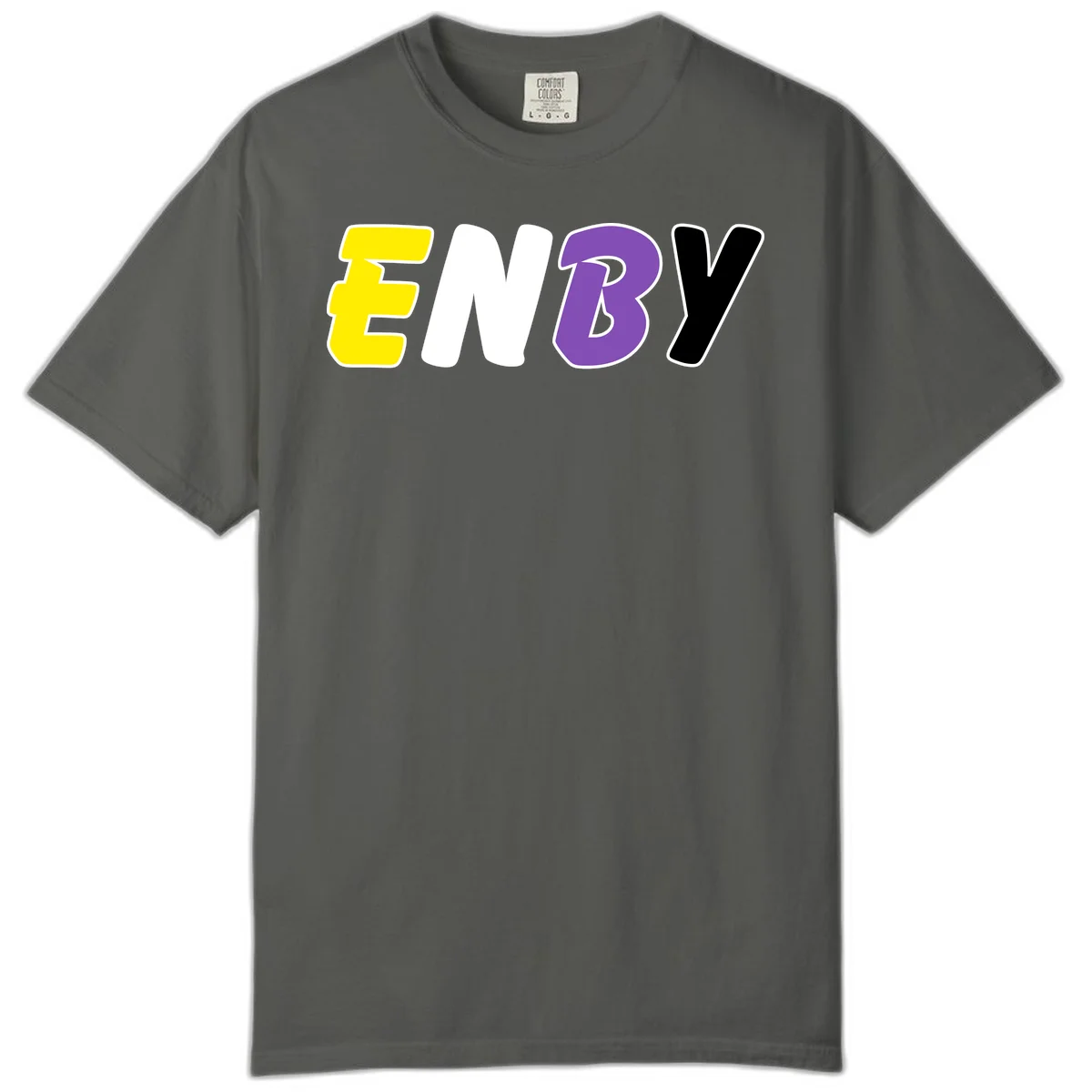 Colorful enjoy-three-seven-pride design with bold yellow, white, purple, and black letters on gray background in Pepper