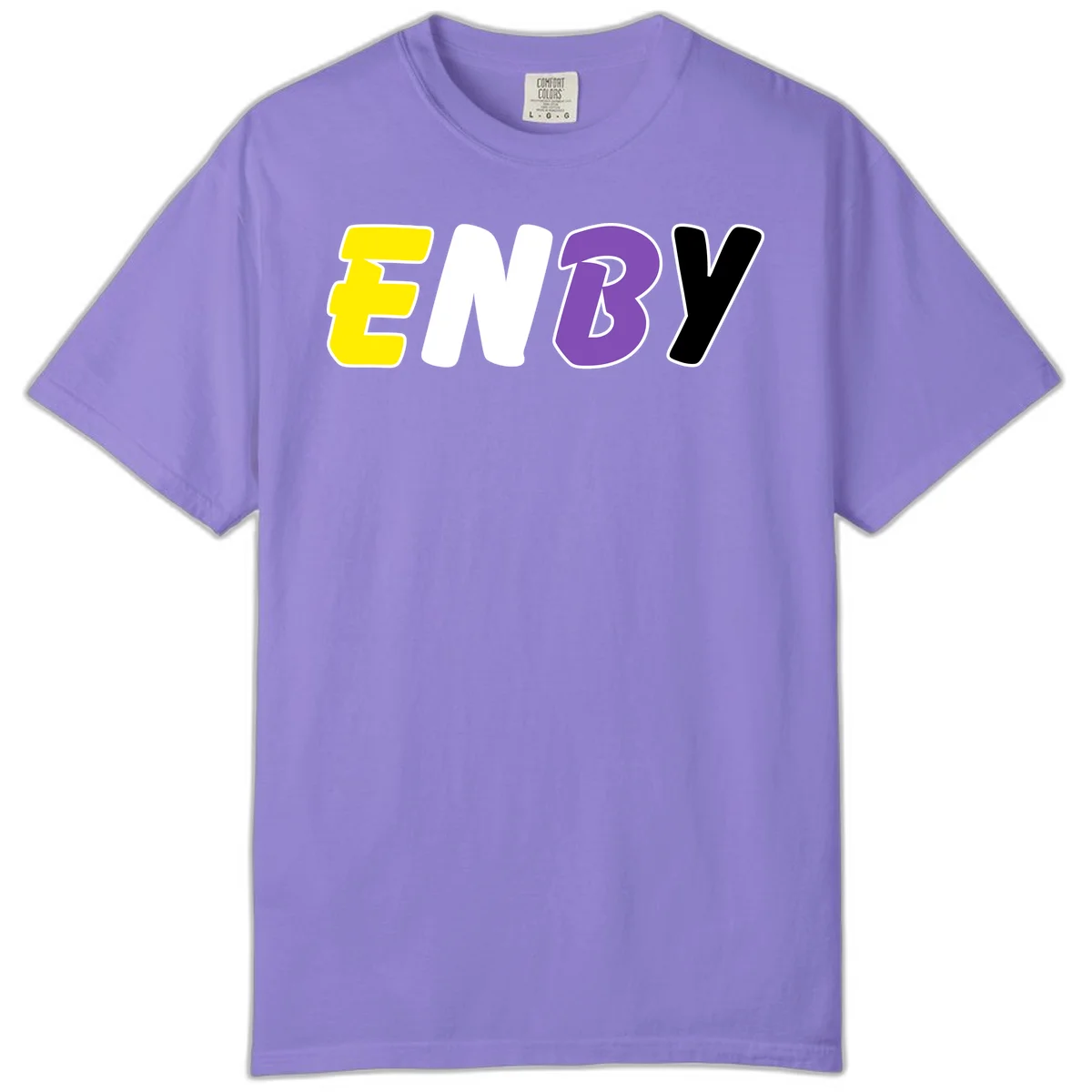 Colorful enjoy-three-seven-pride design with bold yellow, white, purple, and black letters on gray background in Violet