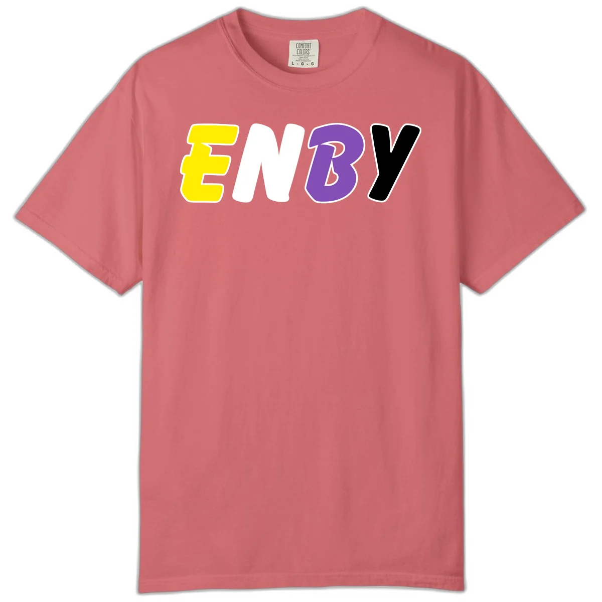 Colorful enjoy-three-seven-pride design with bold yellow, white, purple, and black letters on gray background in Watermelon