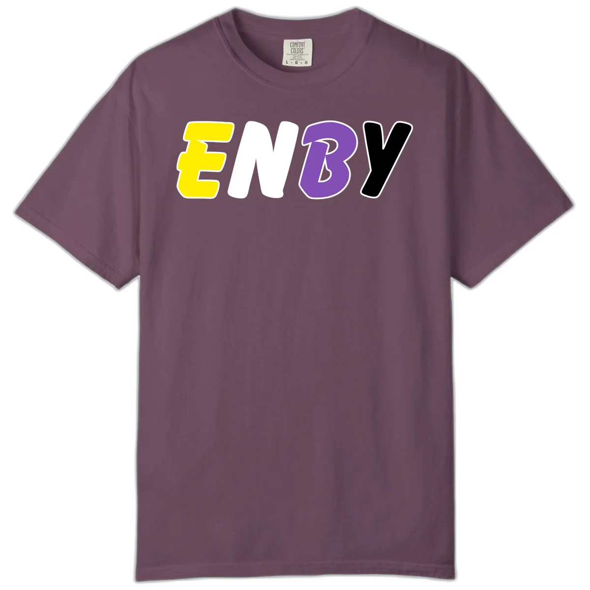 Colorful enjoy-three-seven-pride design with bold yellow, white, purple, and black letters on gray background in Berry