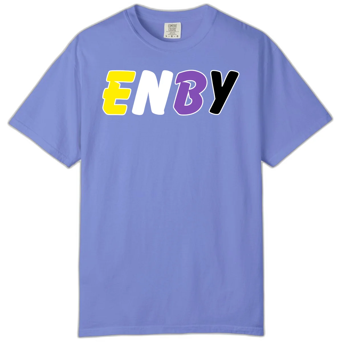 Colorful enjoy-three-seven-pride design with bold yellow, white, purple, and black letters on gray background in Flo Blue