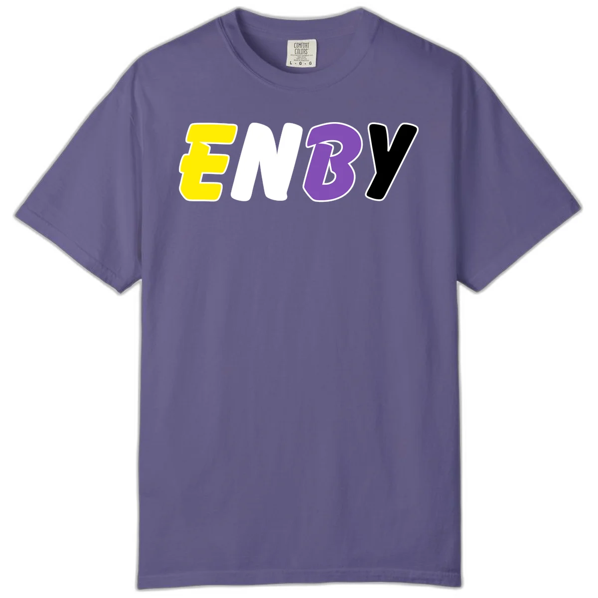 Colorful enjoy-three-seven-pride design with bold yellow, white, purple, and black letters on gray background in Grape