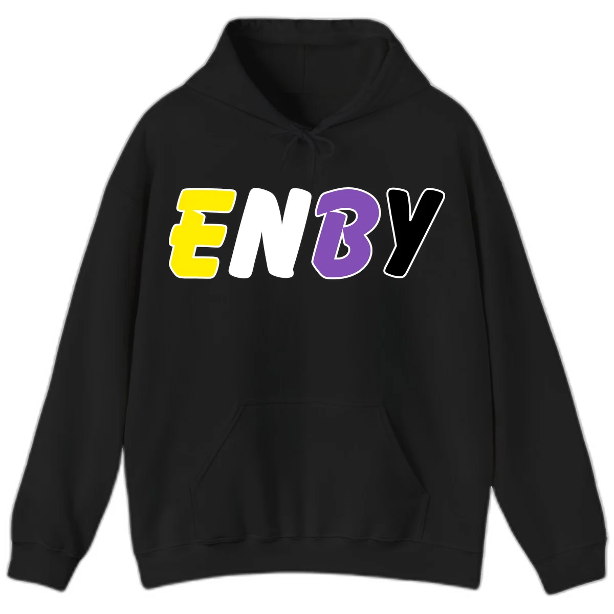Colorful enjoy-three-seven-pride design with bold yellow, white, purple, and black letters on gray background in Black