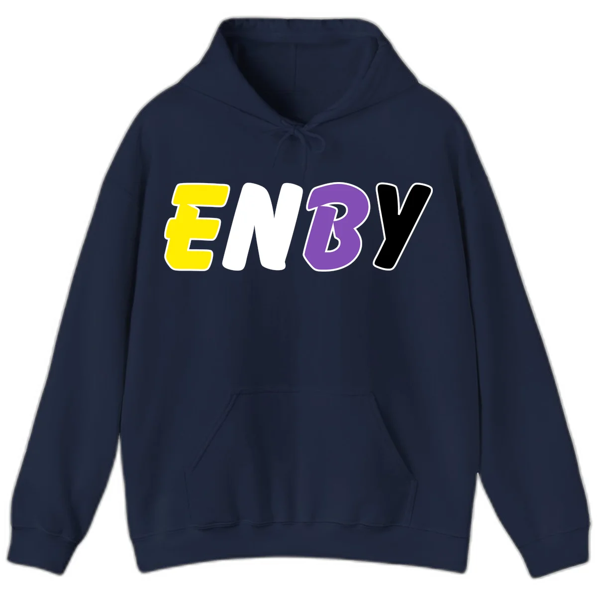 Colorful enjoy-three-seven-pride design with bold yellow, white, purple, and black letters on gray background in Navy