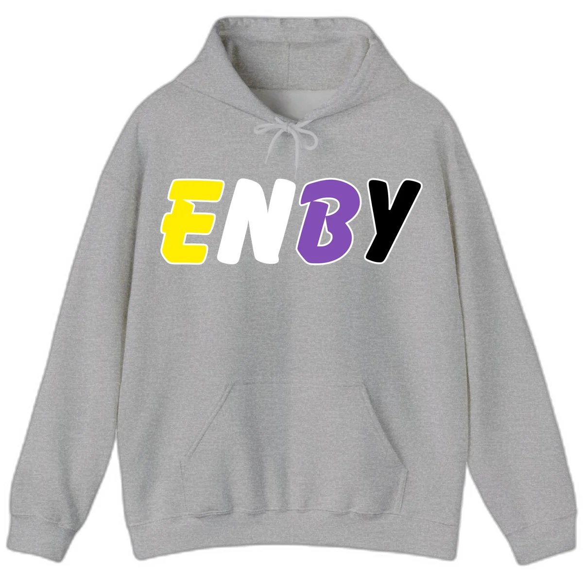 Colorful enjoy-three-seven-pride design with bold yellow, white, purple, and black letters on gray background in Sport Grey