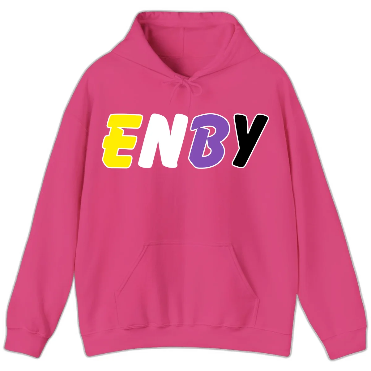 Colorful enjoy-three-seven-pride design with bold yellow, white, purple, and black letters on gray background in Heliconia