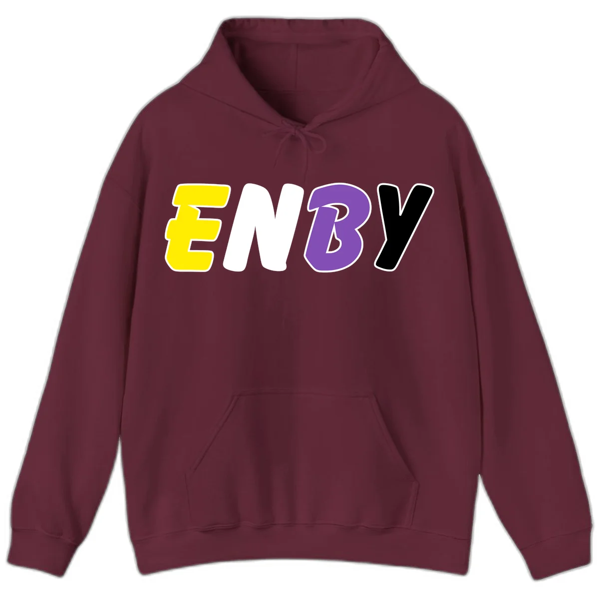 Colorful enjoy-three-seven-pride design with bold yellow, white, purple, and black letters on gray background in Maroon