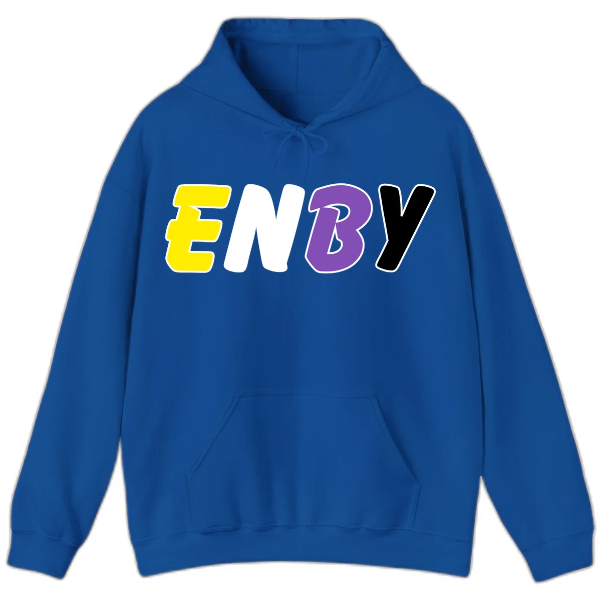 Colorful enjoy-three-seven-pride design with bold yellow, white, purple, and black letters on gray background in Royal