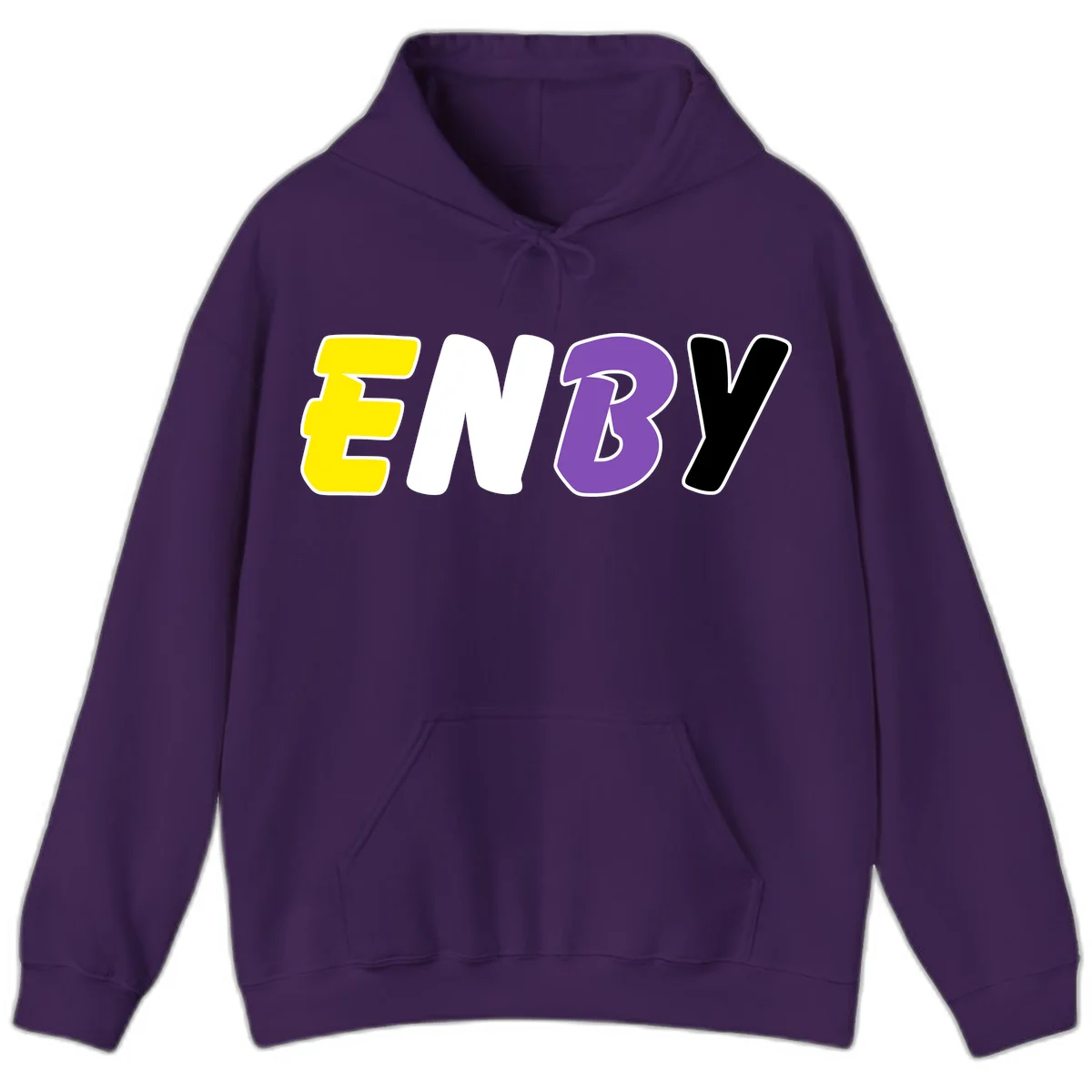 Colorful enjoy-three-seven-pride design with bold yellow, white, purple, and black letters on gray background in Purple