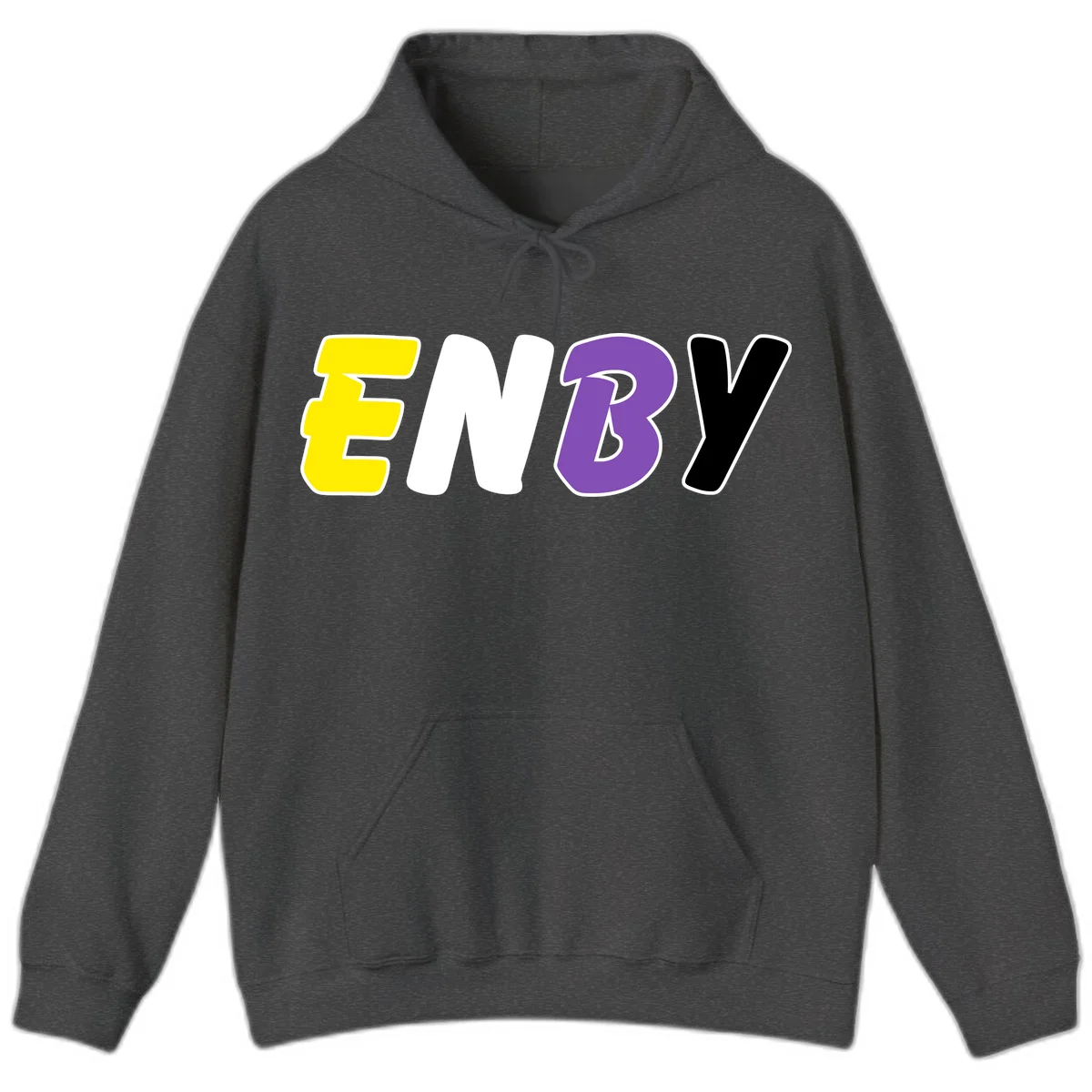 Colorful enjoy-three-seven-pride design with bold yellow, white, purple, and black letters on gray background in Dark Heather