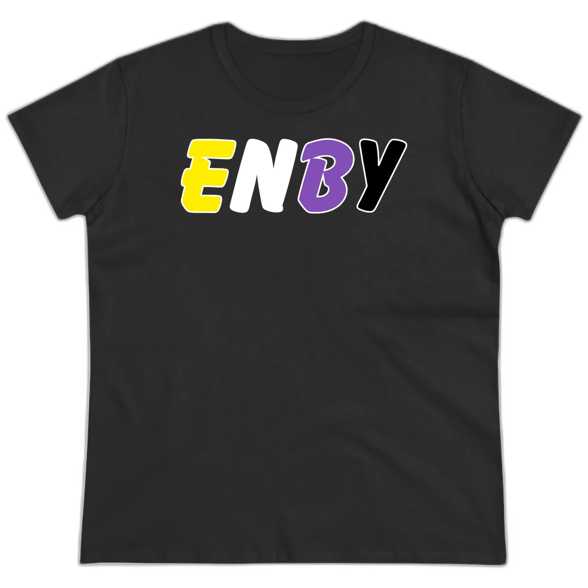 Colorful enjoy-three-seven-pride design with bold yellow, white, purple, and black letters on gray background in Black