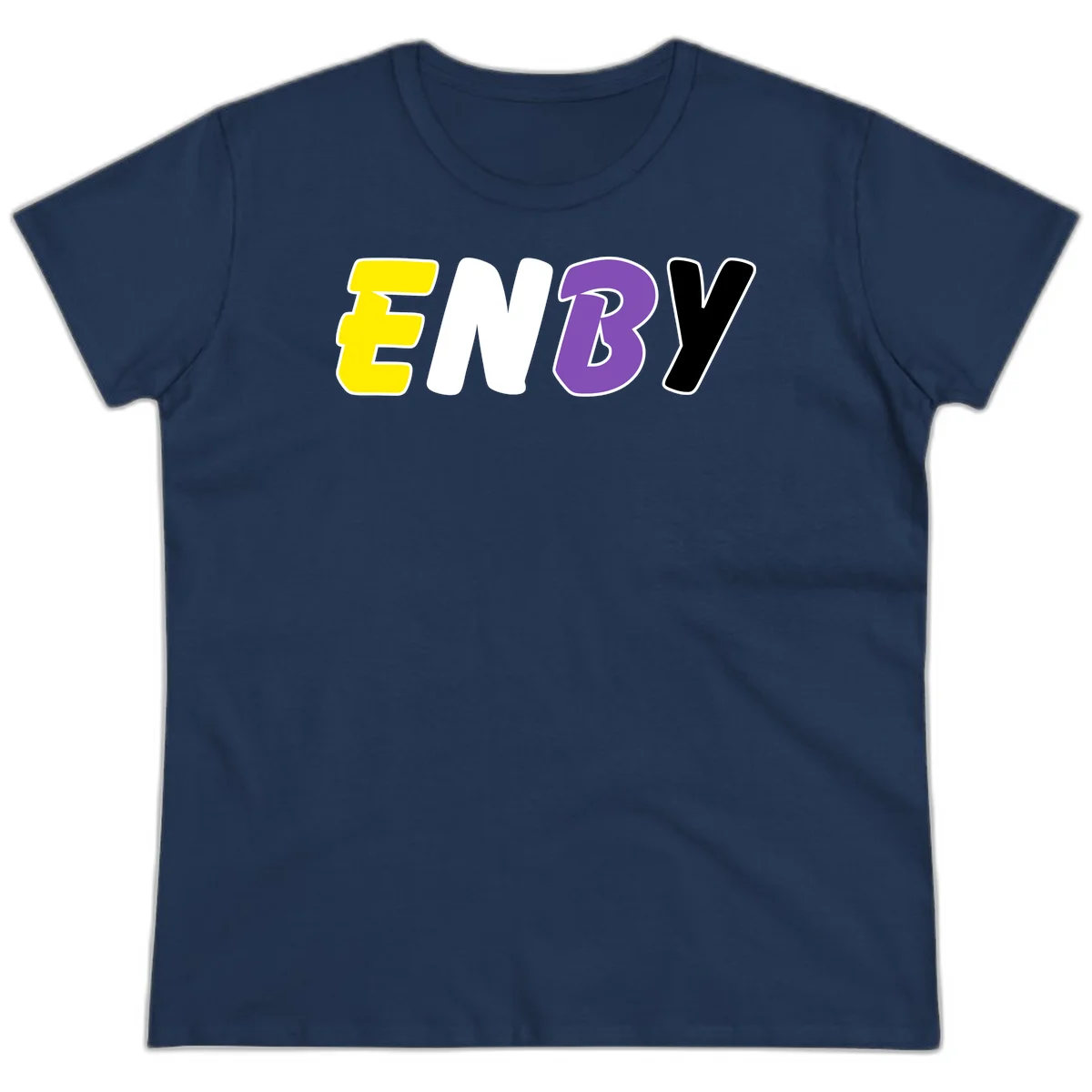 Colorful enjoy-three-seven-pride design with bold yellow, white, purple, and black letters on gray background in Navy