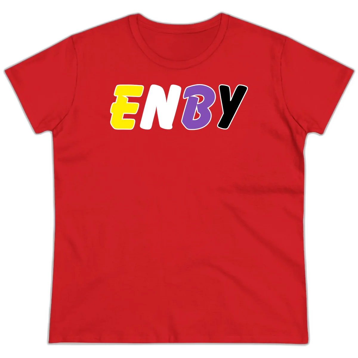 Colorful enjoy-three-seven-pride design with bold yellow, white, purple, and black letters on gray background in Red