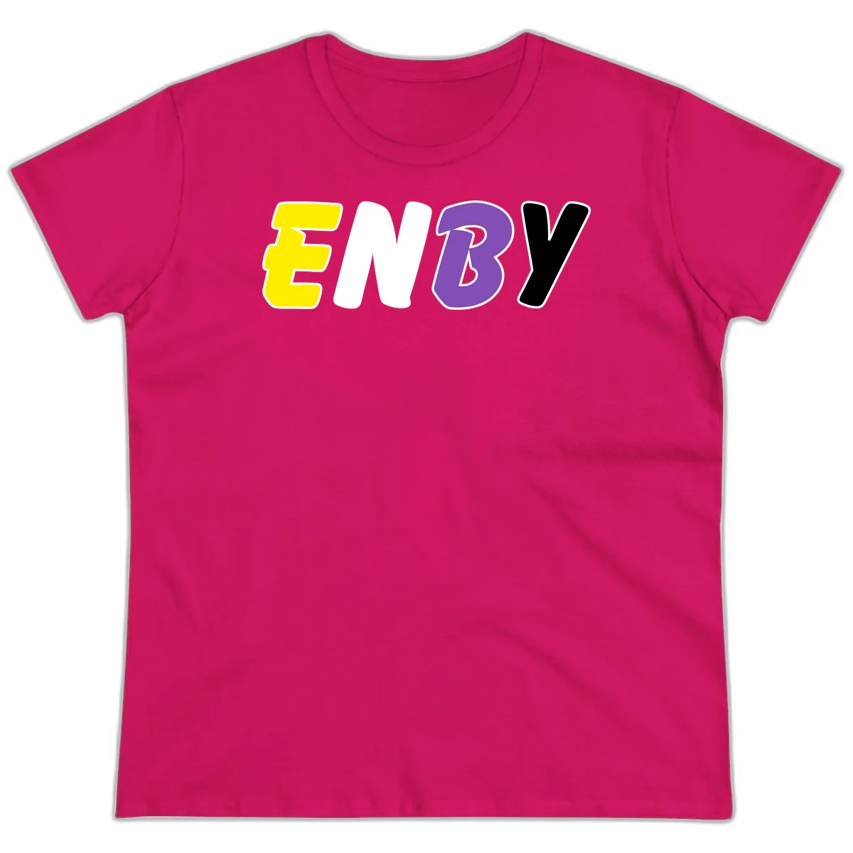 Colorful enjoy-three-seven-pride design with bold yellow, white, purple, and black letters on gray background in Heliconia