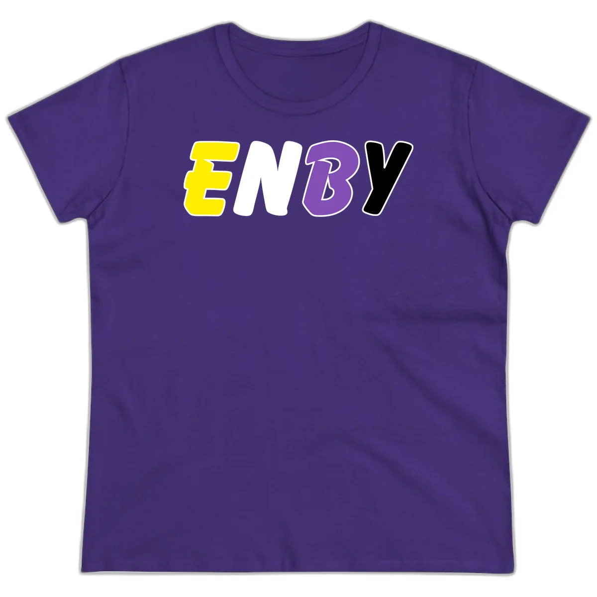 Colorful enjoy-three-seven-pride design with bold yellow, white, purple, and black letters on gray background in Purple