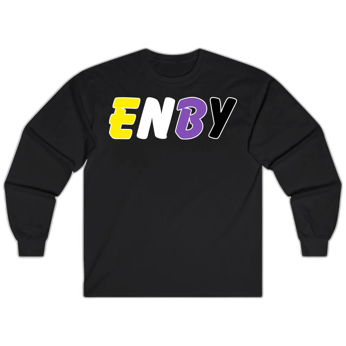 Colorful enjoy-three-seven-pride design with bold yellow, white, purple, and black letters on gray background in Black