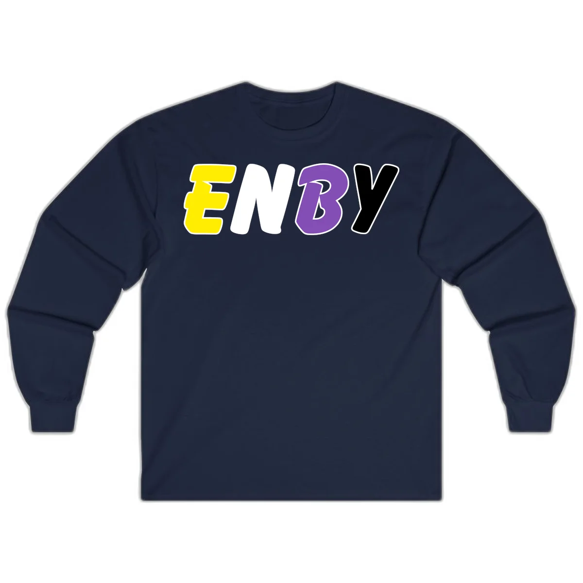 Colorful enjoy-three-seven-pride design with bold yellow, white, purple, and black letters on gray background in Navy