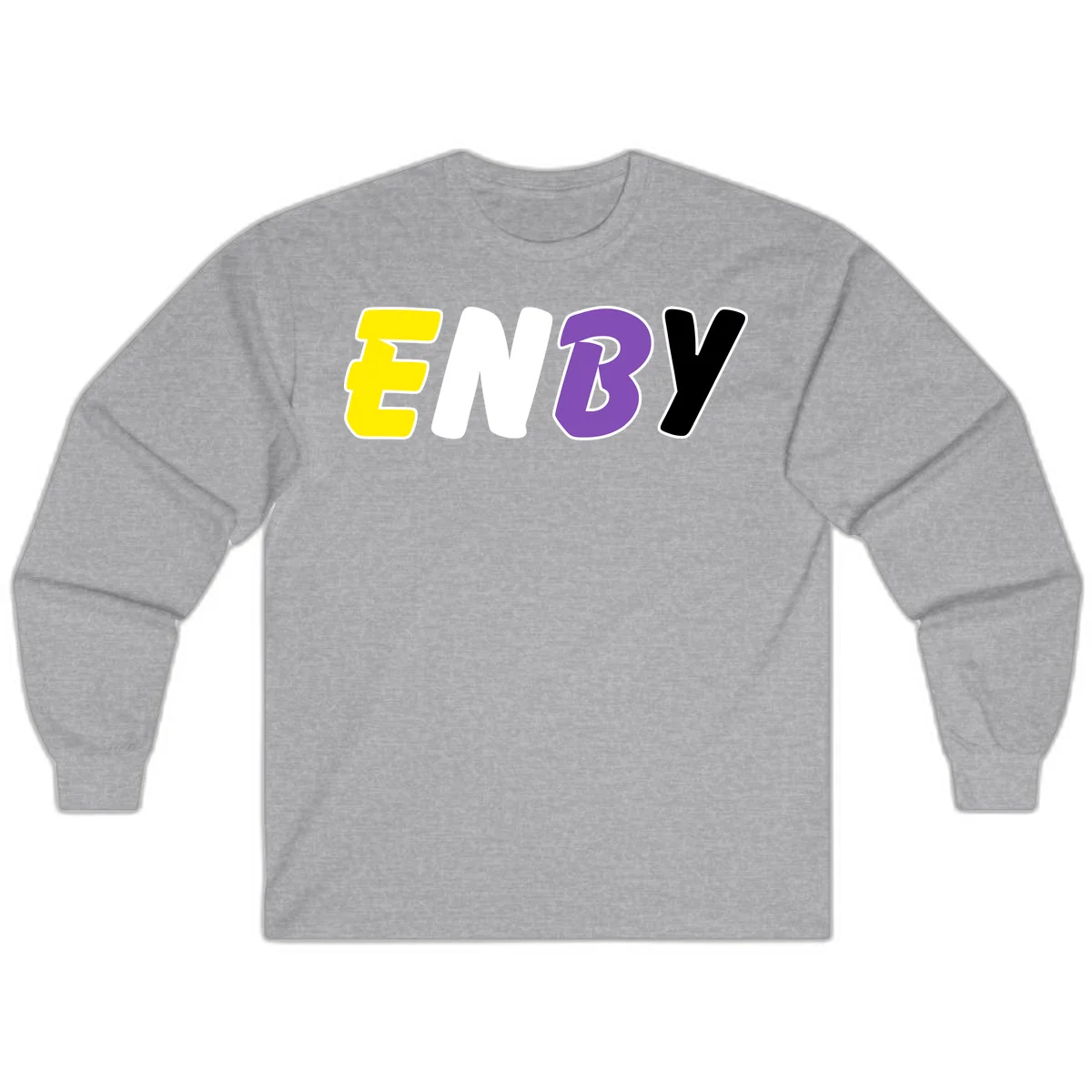 Colorful enjoy-three-seven-pride design with bold yellow, white, purple, and black letters on gray background in Sport Grey
