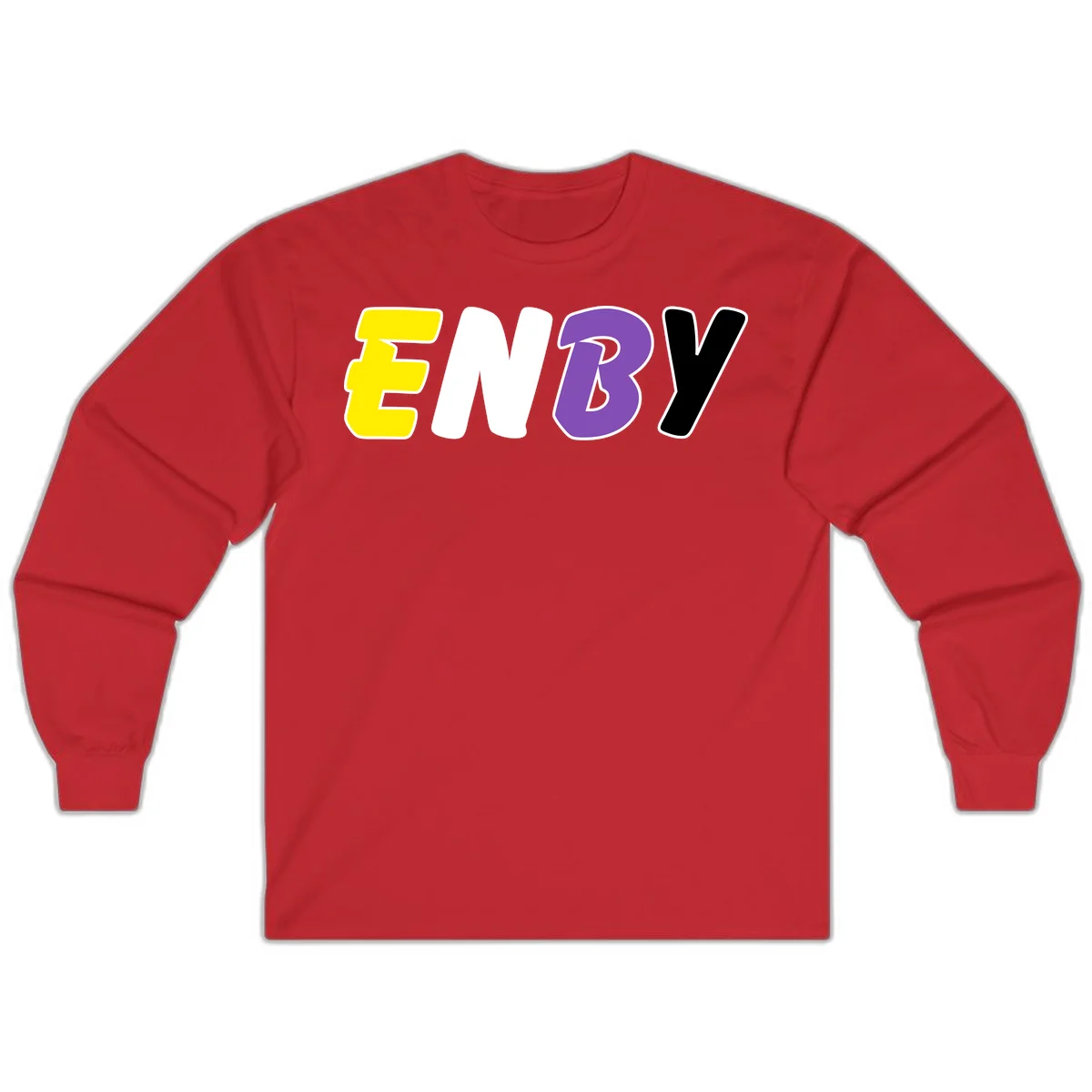 Colorful enjoy-three-seven-pride design with bold yellow, white, purple, and black letters on gray background in Red