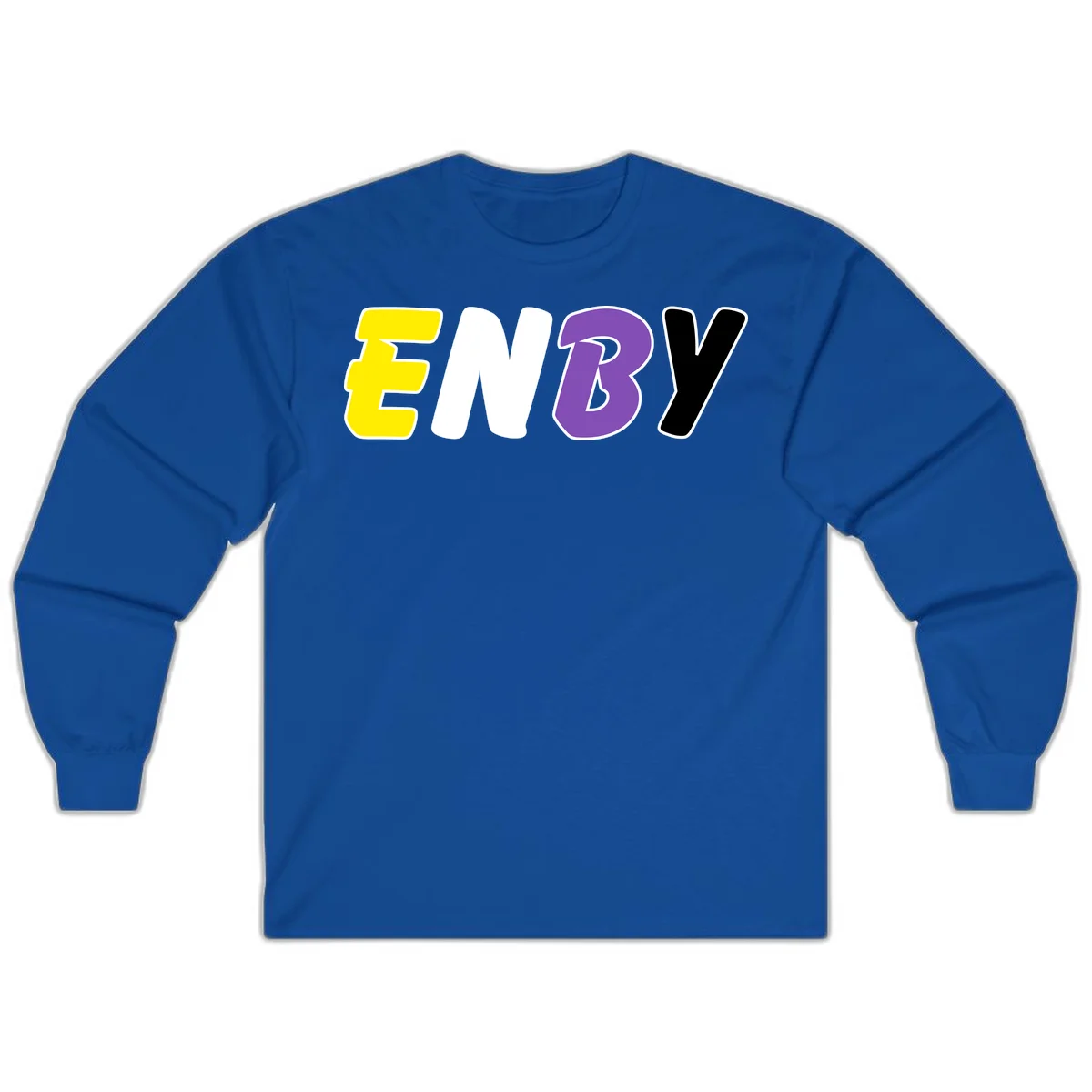 Colorful enjoy-three-seven-pride design with bold yellow, white, purple, and black letters on gray background in Royal