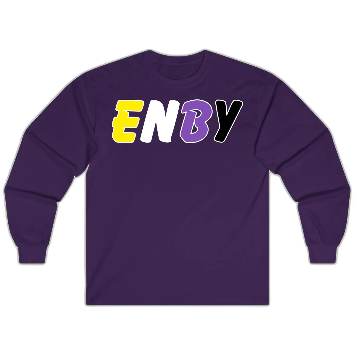 Colorful enjoy-three-seven-pride design with bold yellow, white, purple, and black letters on gray background in Purple