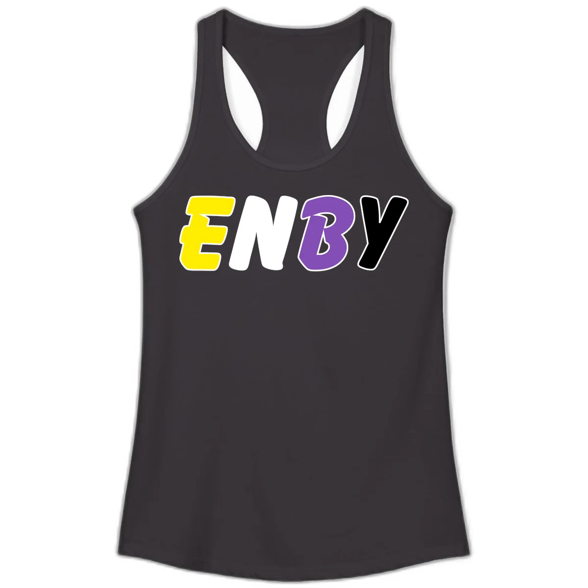 Colorful enjoy-three-seven-pride design with bold yellow, white, purple, and black letters on gray background in Black