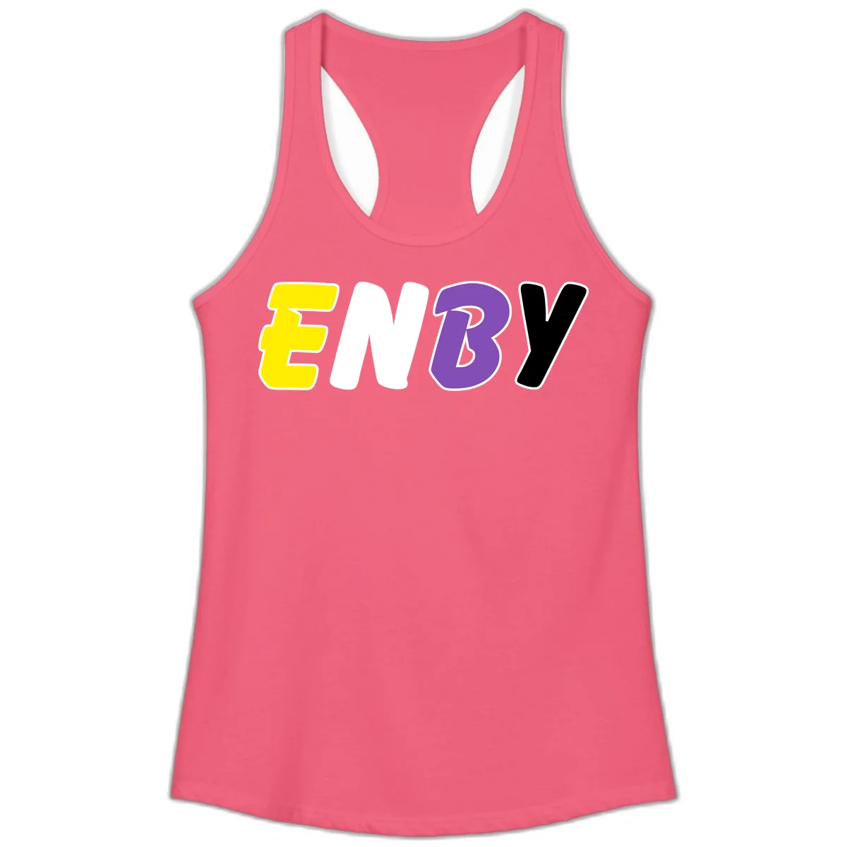 Colorful enjoy-three-seven-pride design with bold yellow, white, purple, and black letters on gray background in Hot Pink