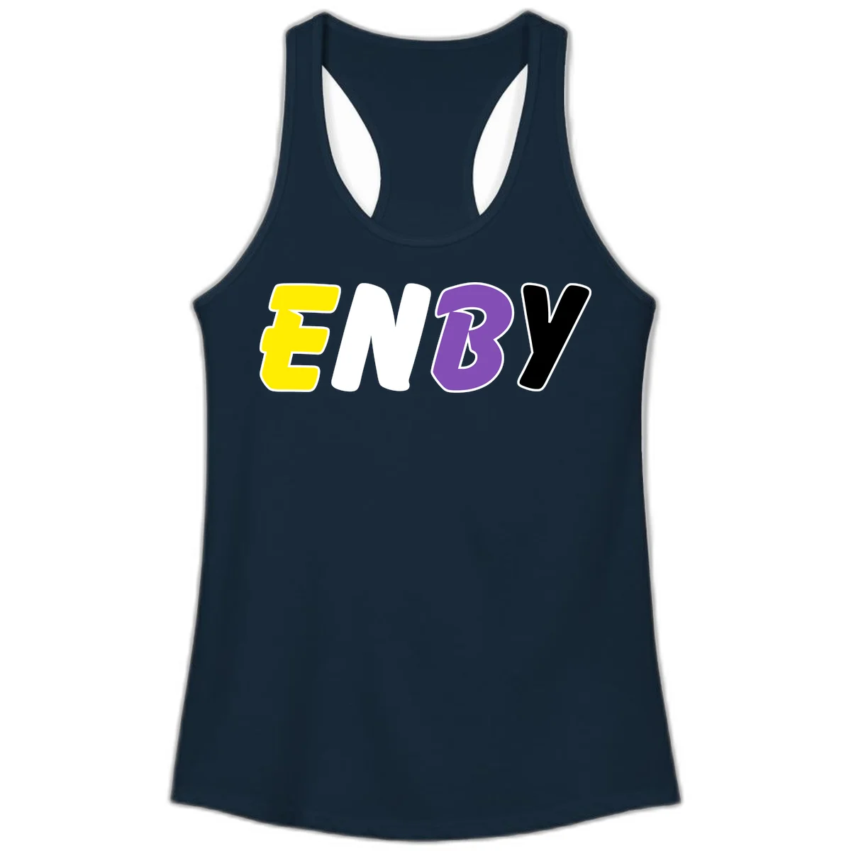 Colorful enjoy-three-seven-pride design with bold yellow, white, purple, and black letters on gray background in Solid Midnight Navy