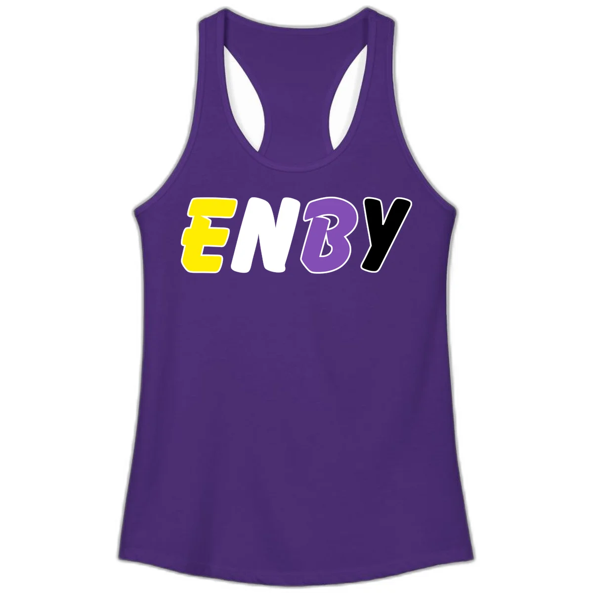 Colorful enjoy-three-seven-pride design with bold yellow, white, purple, and black letters on gray background in Solid Purple Rush