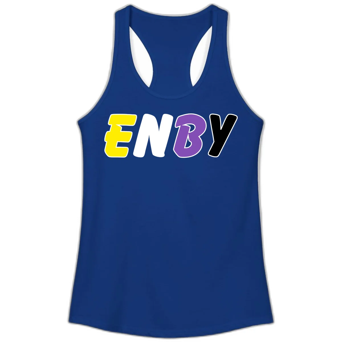 Colorful enjoy-three-seven-pride design with bold yellow, white, purple, and black letters on gray background in Solid Royal