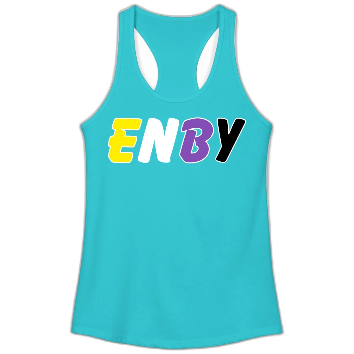 Colorful enjoy-three-seven-pride design with bold yellow, white, purple, and black letters on gray background in Solid Tahiti Blue