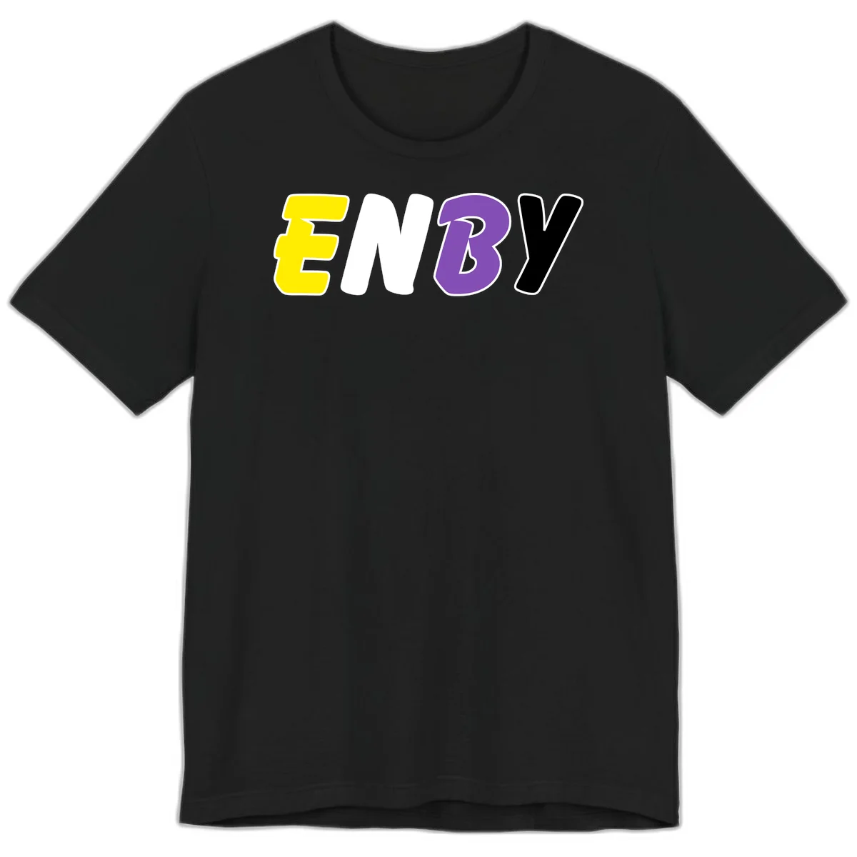 Colorful enjoy-three-seven-pride design with bold yellow, white, purple, and black letters on gray background in Black