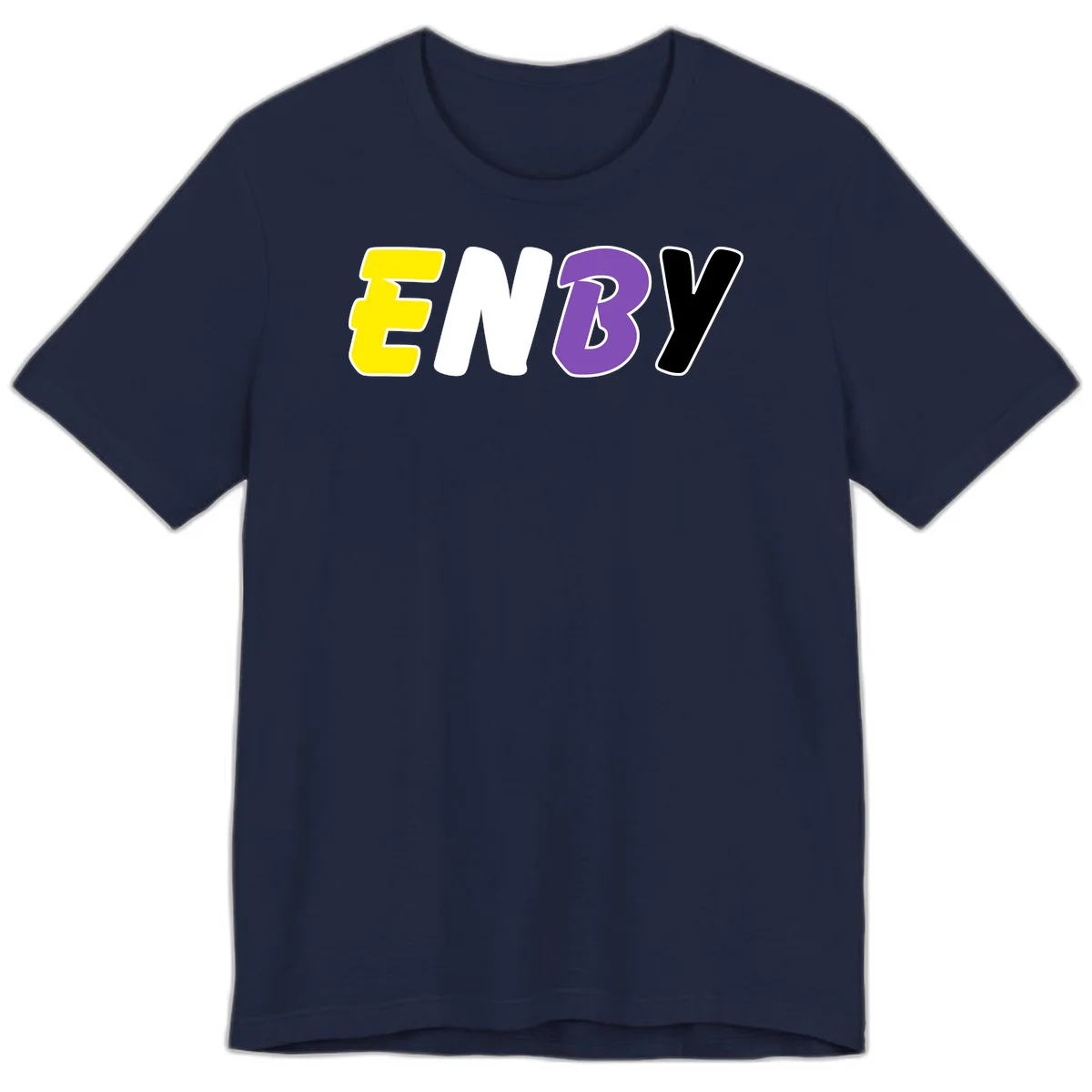 Colorful enjoy-three-seven-pride design with bold yellow, white, purple, and black letters on gray background in Navy