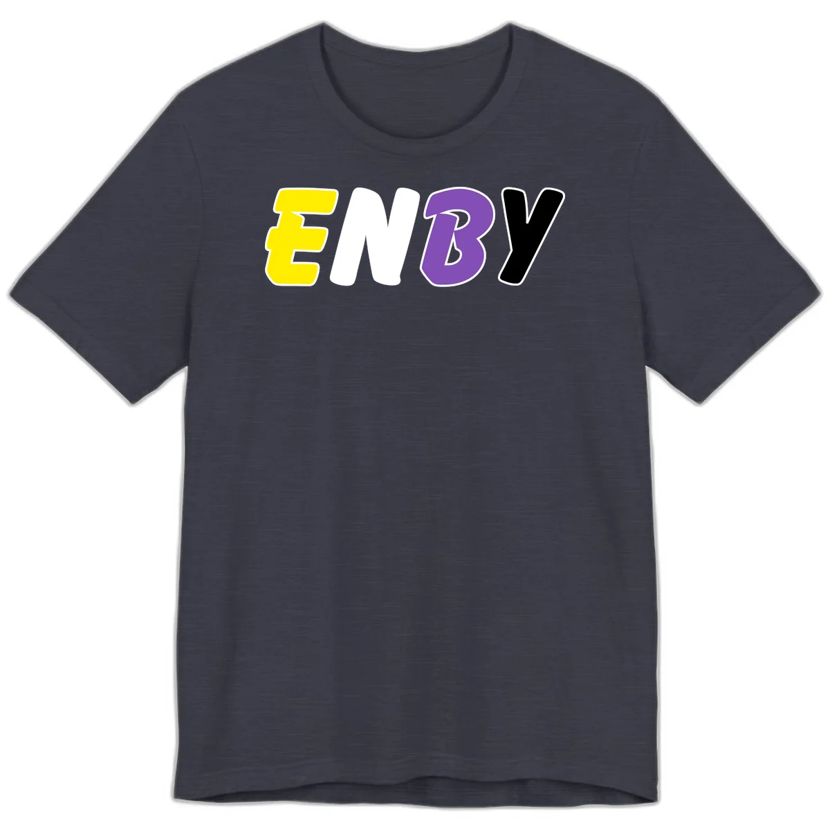 Colorful enjoy-three-seven-pride design with bold yellow, white, purple, and black letters on gray background in Heather Midnight Navy