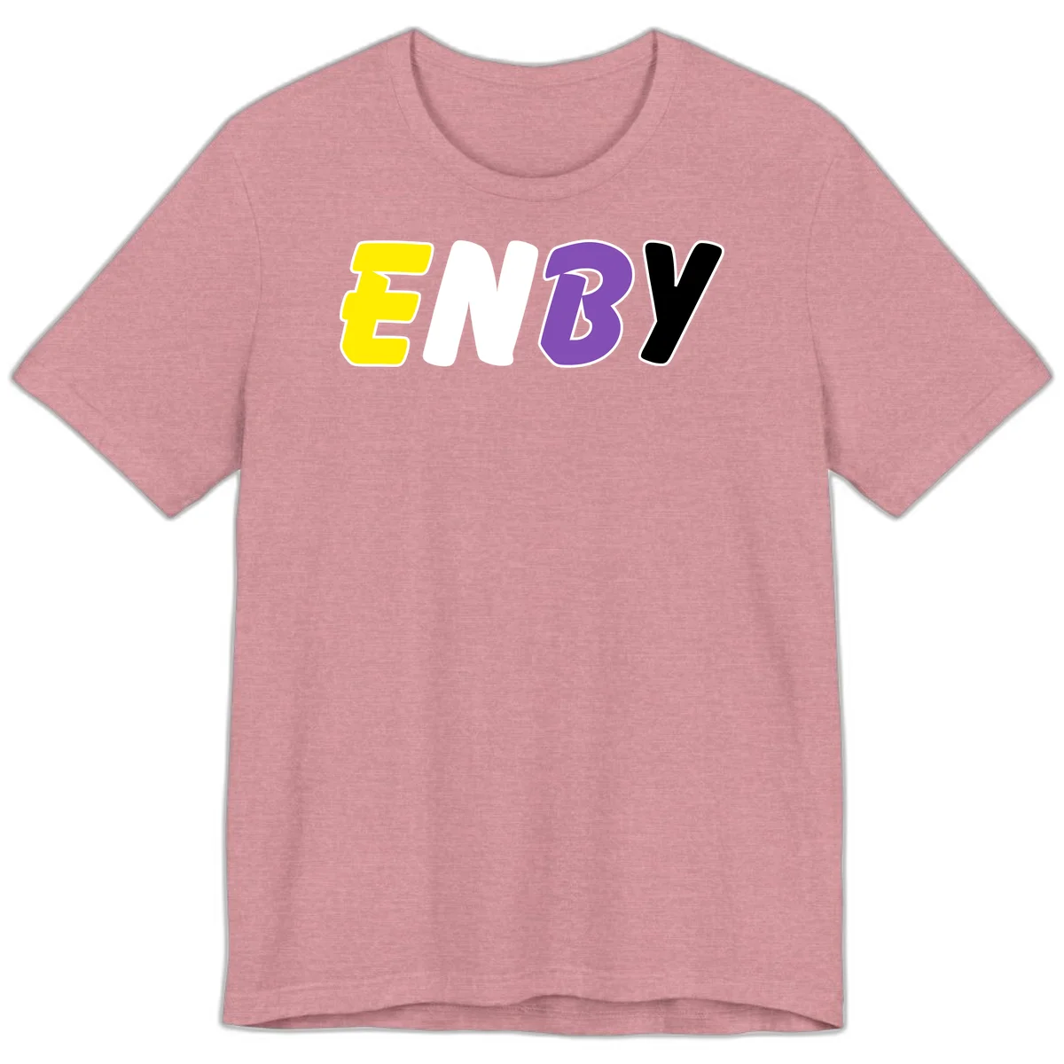 Colorful enjoy-three-seven-pride design with bold yellow, white, purple, and black letters on gray background in Heather Orchid