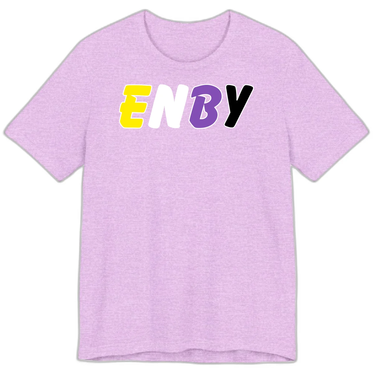 Colorful enjoy-three-seven-pride design with bold yellow, white, purple, and black letters on gray background in Heather Prism Lilac