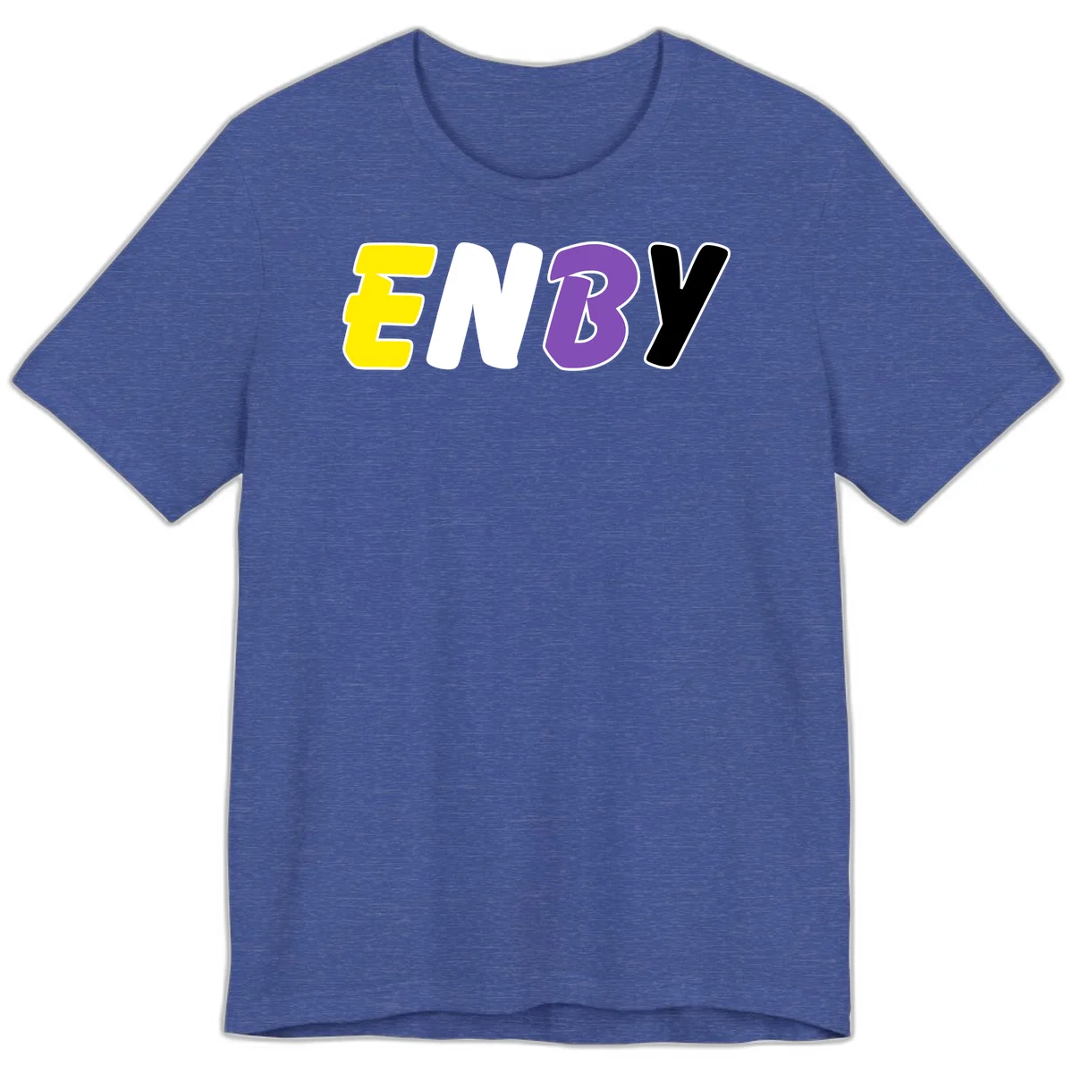 Colorful enjoy-three-seven-pride design with bold yellow, white, purple, and black letters on gray background in Heather True Royal