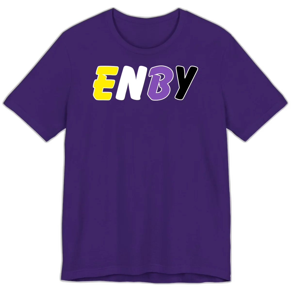Colorful enjoy-three-seven-pride design with bold yellow, white, purple, and black letters on gray background in Team Purple