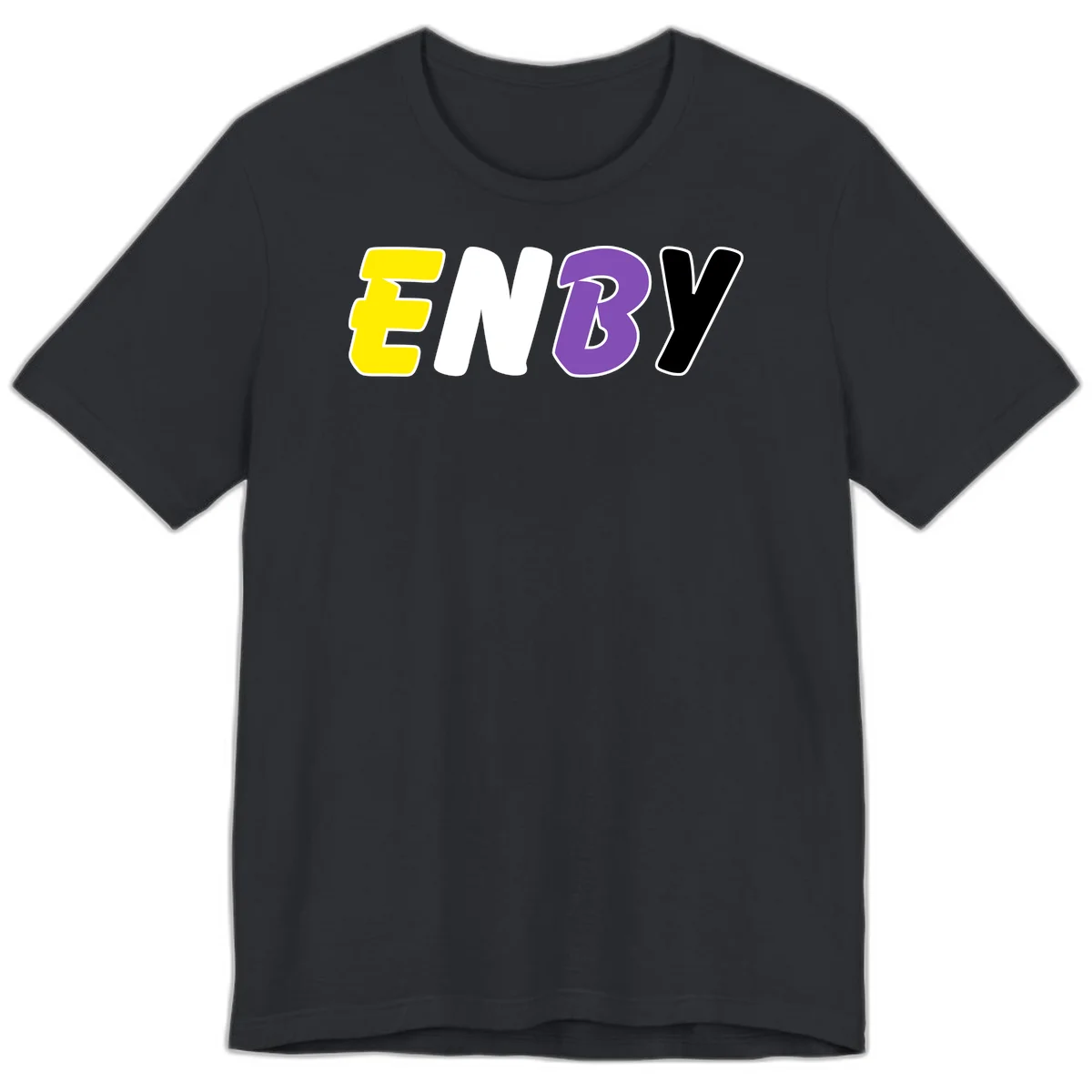 Colorful enjoy-three-seven-pride design with bold yellow, white, purple, and black letters on gray background in Vintage Black