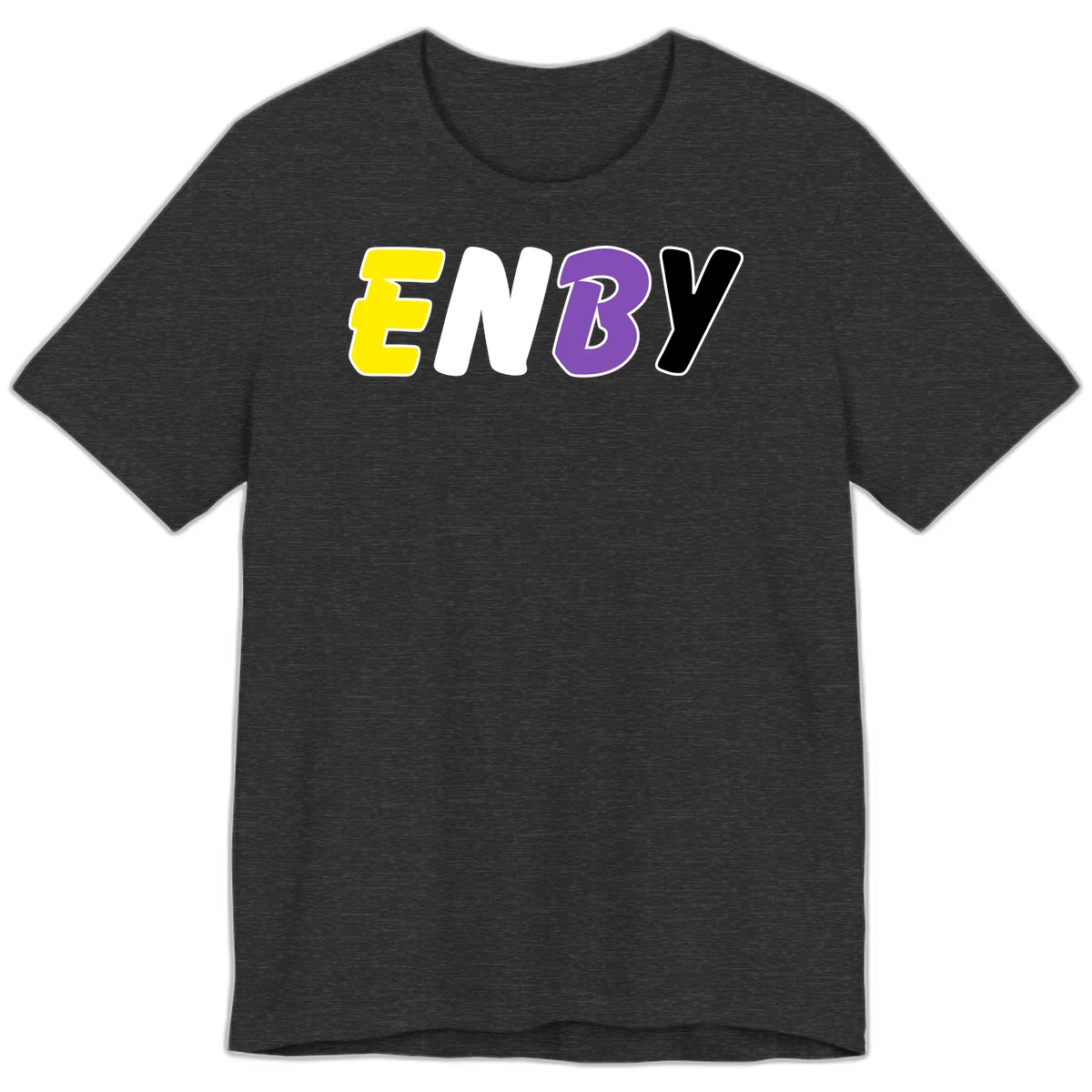 Colorful enjoy-three-seven-pride design with bold yellow, white, purple, and black letters on gray background in Dark Grey Heather