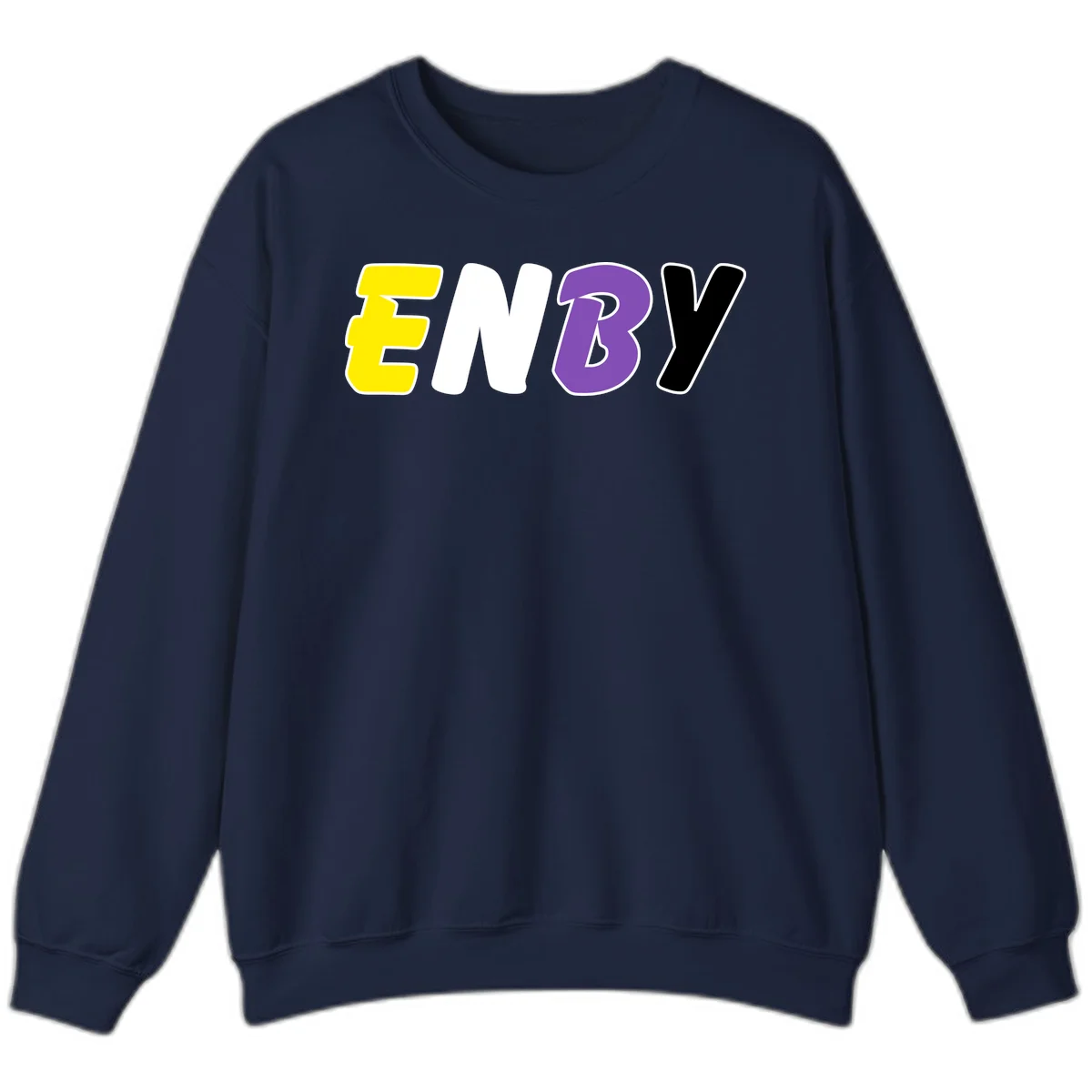 Colorful enjoy-three-seven-pride design with bold yellow, white, purple, and black letters on gray background in Navy