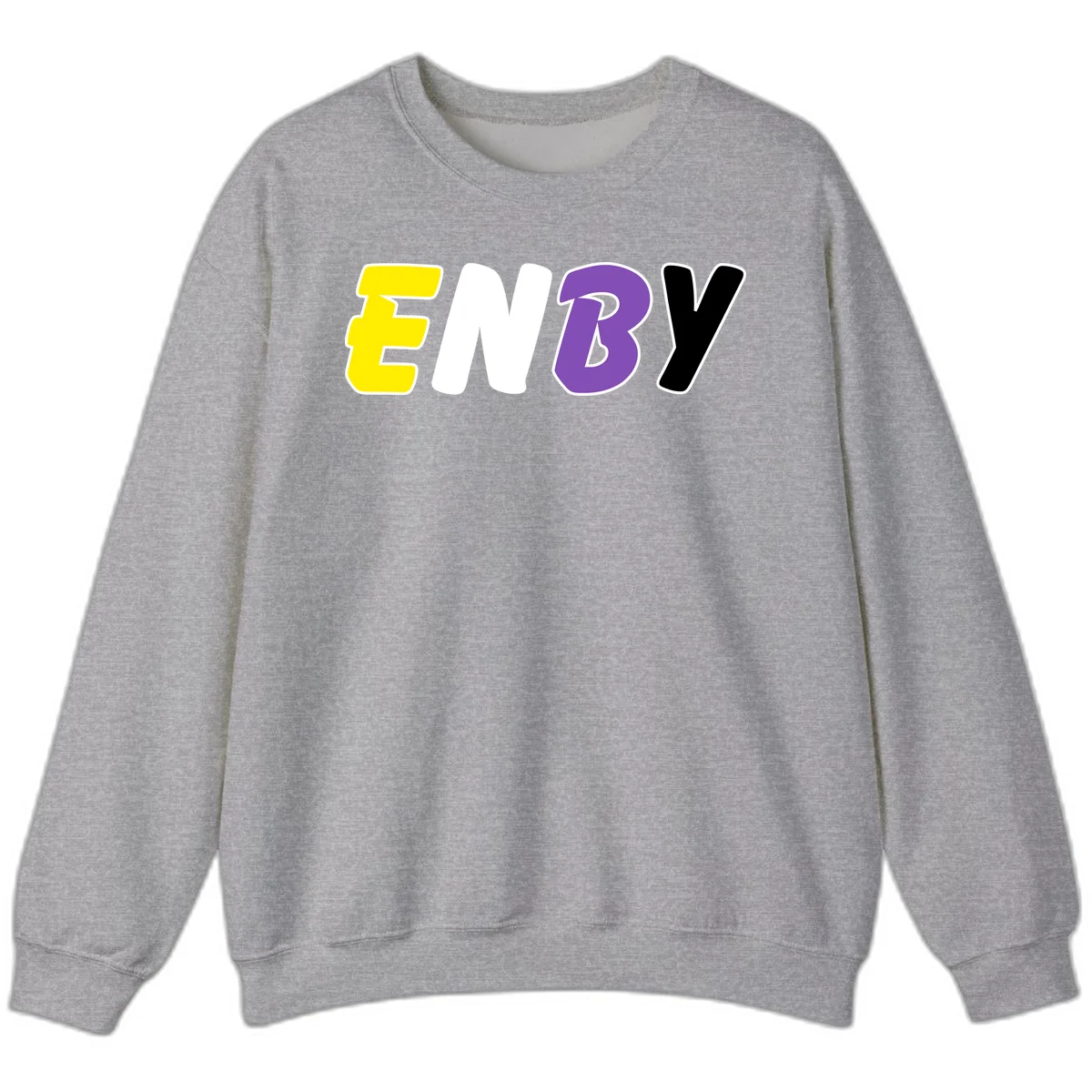 Colorful enjoy-three-seven-pride design with bold yellow, white, purple, and black letters on gray background in Sport Grey