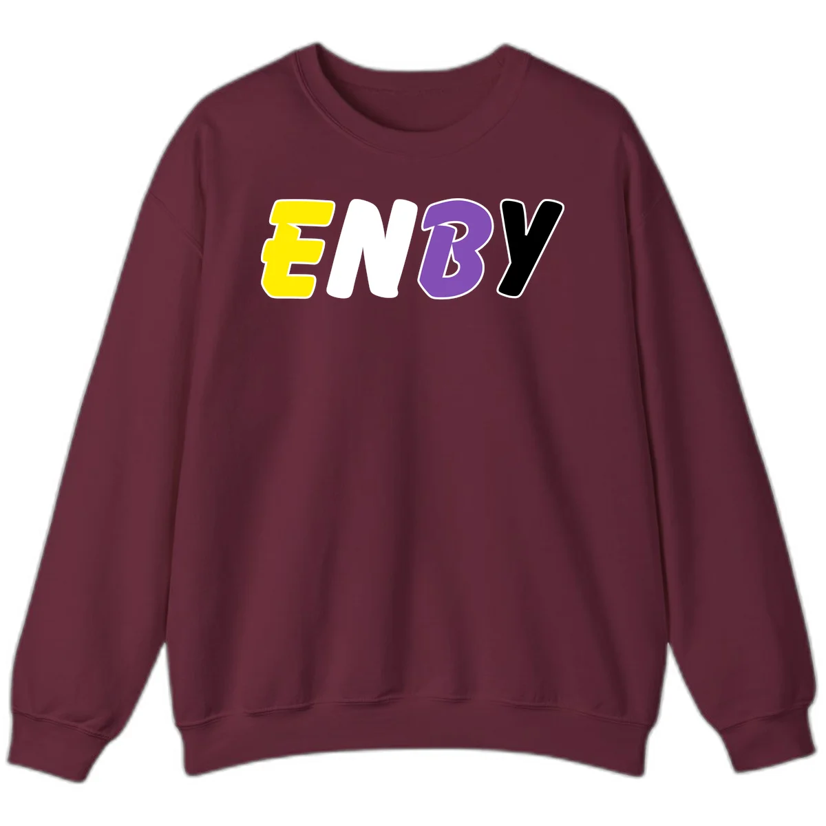 Colorful enjoy-three-seven-pride design with bold yellow, white, purple, and black letters on gray background in Maroon