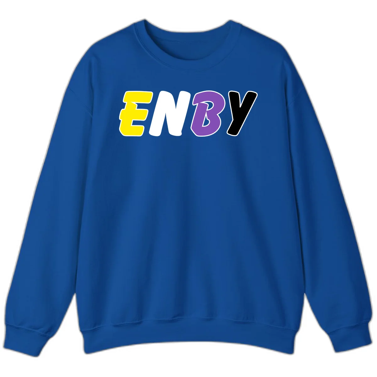 Colorful enjoy-three-seven-pride design with bold yellow, white, purple, and black letters on gray background in Royal