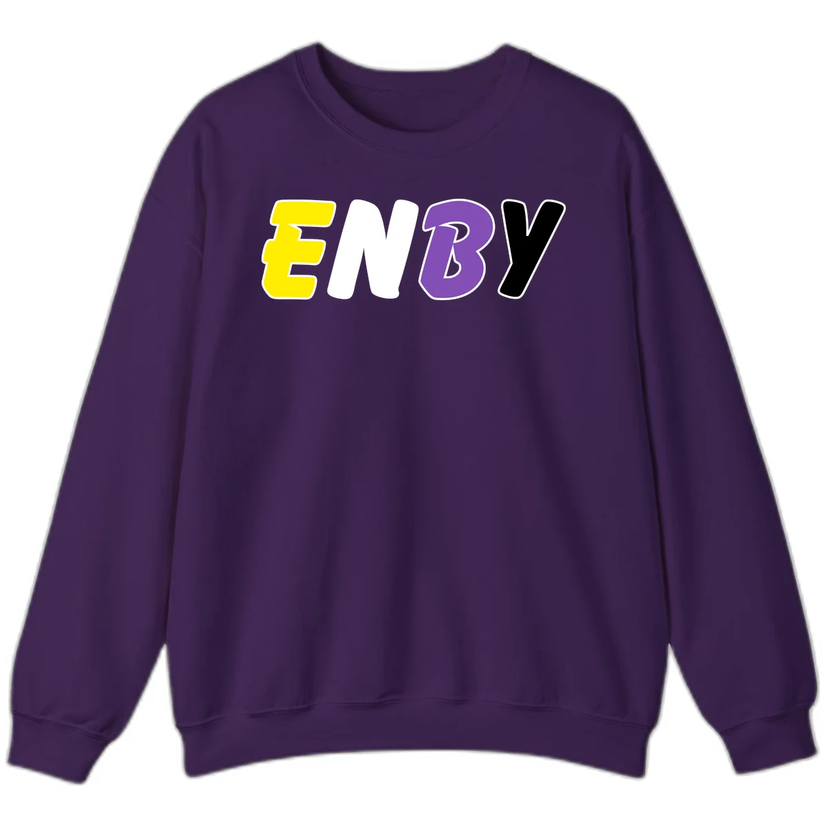 Colorful enjoy-three-seven-pride design with bold yellow, white, purple, and black letters on gray background in Purple