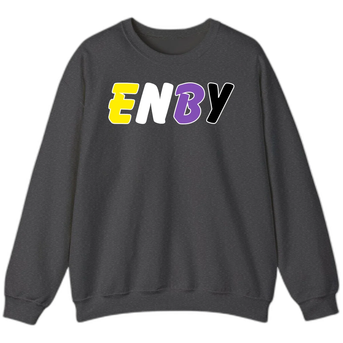 Colorful enjoy-three-seven-pride design with bold yellow, white, purple, and black letters on gray background in Dark Heather