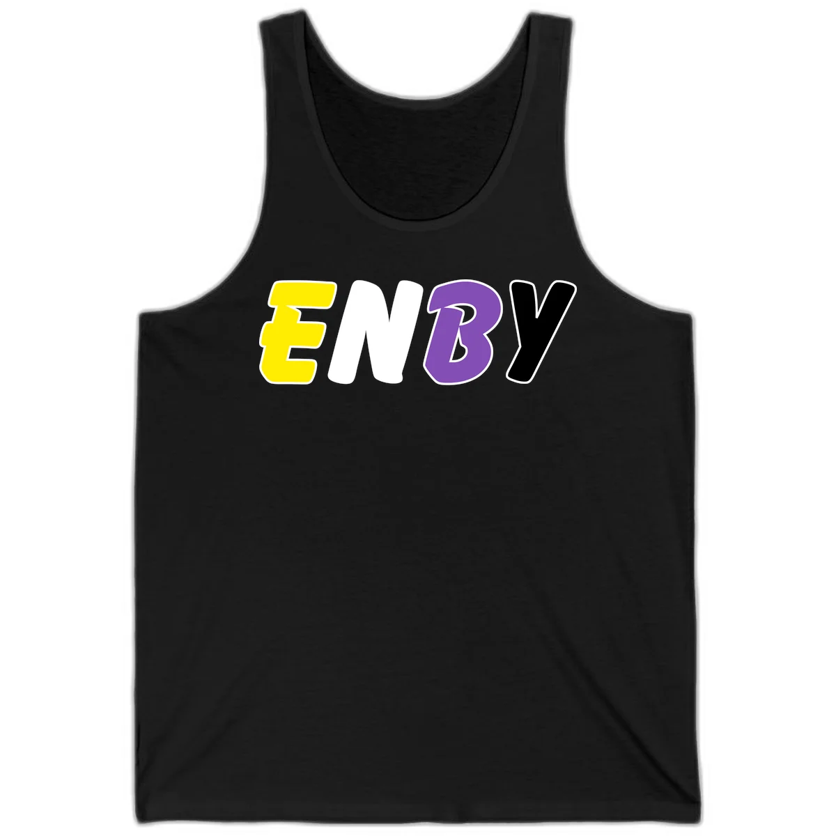 Colorful enjoy-three-seven-pride design with bold yellow, white, purple, and black letters on gray background in Black